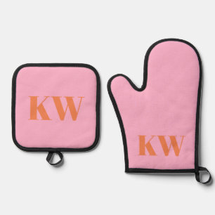Moderne Roze Oranje Monogram Beginletters Geperson Ovenwant & Pannenlap Set