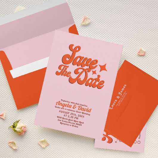 Moderne  roze oranje retro Wedding Kaart