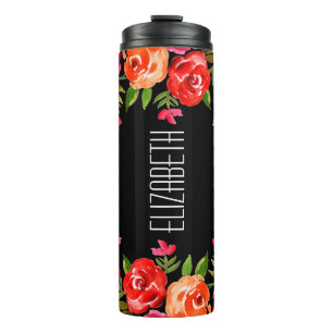 Moderne roze Oranje Waterverf Floral Thermosbeker