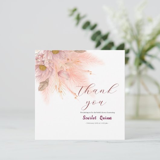 Moderne roze pampasgras bruidsdouche bedankkaart (Staand voorkant)