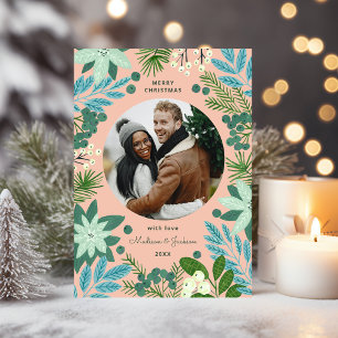 Moderne Roze Pastels Bloemrijke Prettig Kerstmis F Feestdagenkaart