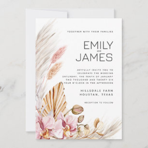 Moderne roze peach orchid pampas Wedding Kaart