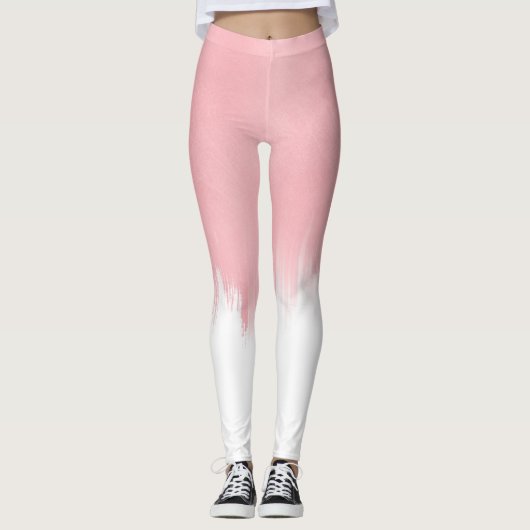 Moderne roze penseelstreken wit ontwerp leggings (Voorkant)