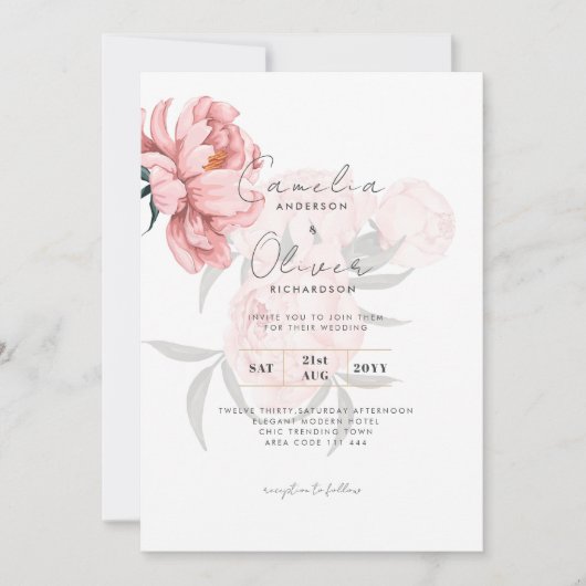 Moderne Roze Pioenroos Bloemen Bruiloft Uitnodigin Kaart (Voorkant)