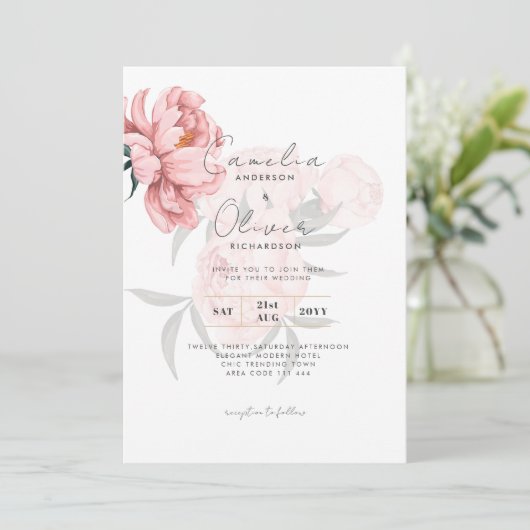 Moderne Roze Pioenroos Bloemen Bruiloft Uitnodigin Kaart (Staand voorkant)