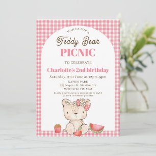 Moderne Roze Plaid Boog Teddy Bear Picnic Verjaard Kaart