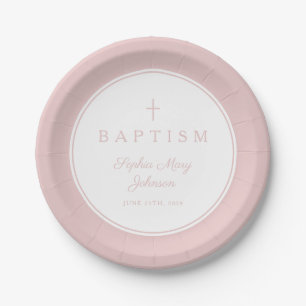 Moderne Roze Religieus Kruis Meisje Doop Papieren Bordje