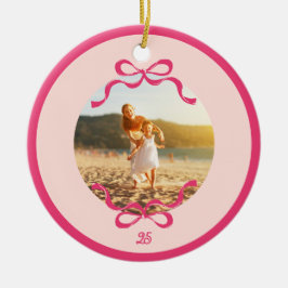 Moderne Roze Retro Bows Trendy Kerstfoto Keramisch Ornament
