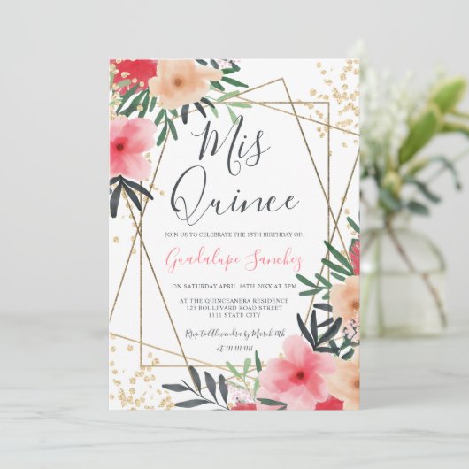 Moderne roze rode bloemengouden foto quinceanera kaart (Staand voorkant)