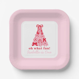 Moderne Roze Rode Boom Boog 1e Verjaardag Papieren Bordje