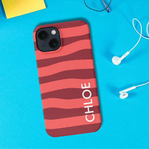 Moderne Roze Rode Golf Strepen Naam iPhone 13 Hoesje