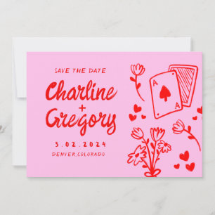 Moderne Roze & Rode Handschrift Bruiloft Save the  Kaart
