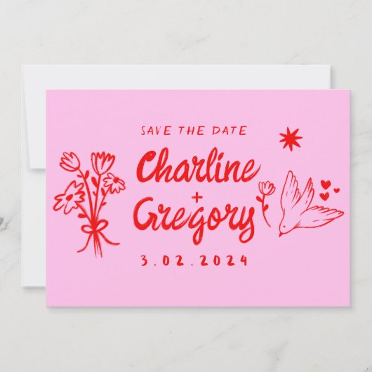Moderne Roze & Rode Handschrift Bruiloft Save the Kaart (Voorkant)