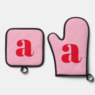 Moderne Roze Rode Monogram Eerste Letter Persoonli Ovenwant & Pannenlap Set