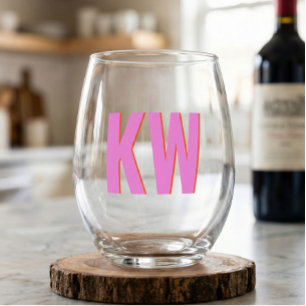 Moderne Roze Rode Schaduw Monogram Gepersonaliseer Wijnglas Zonder Voet