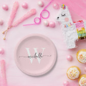 Moderne Roze Roos Aangepaste Monogram Naam Script Papieren Bordje (Feest)