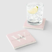 Moderne Roze Roos Aangepaste Monogram Naam Script Stenen Onderzetter (Zijkant)