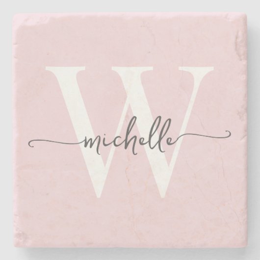Moderne Roze Roos Aangepaste Monogram Naam Script Stenen Onderzetter (Voorkant)