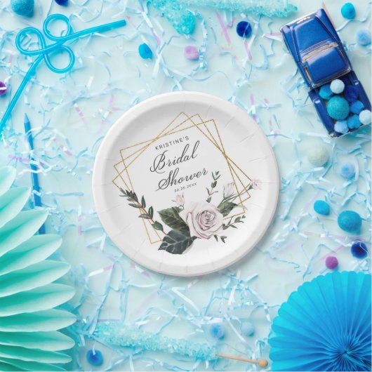 Moderne Roze Roos Bloemige Gouden Frame Bruidsdouc Papieren Bordje (Feest)