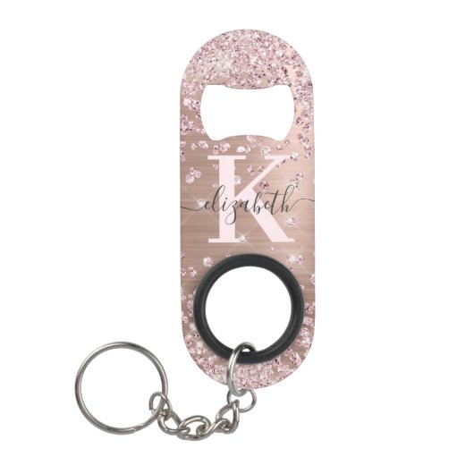 Moderne roze roze goudglitter diamantmonogram Ke Mini Flessenopener (Voorkant)