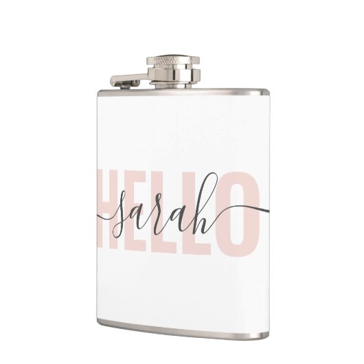 Moderne roze roze Hallo en Jouw naam Heupfles (Links)