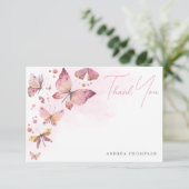 Moderne Roze Roze Vlinders Bruidsdouche Bedankkaart (Staand voorkant)