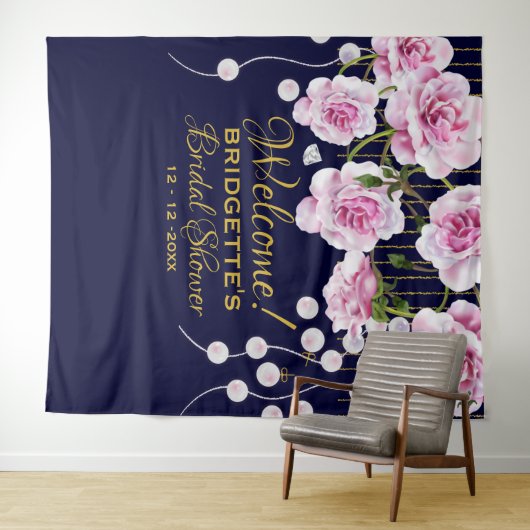 Moderne Roze Rozen Parels Bruiloft Wandkleed (In Situ (horizontaal))