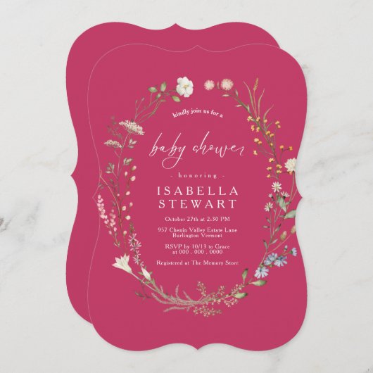 Moderne Roze Schrift Wilde Bloemen Baby Shower Kaart (Voorkant / Achterkant)