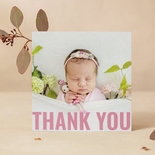 Moderne Roze Script Baby Foto Bedankt