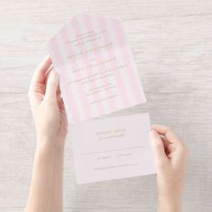 Moderne roze strepen elegante trouw all in one uitnodiging