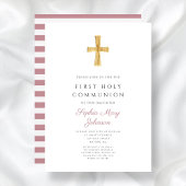 Moderne Roze Strepen Kruis Meisje Eerste Communie Kaart