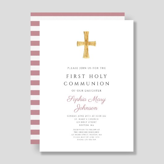 Moderne Roze Strepen Kruis Meisje Eerste Communie Kaart