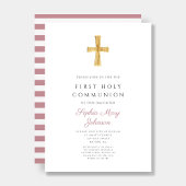 Moderne Roze Strepen Kruis Meisje Eerste Communie Kaart