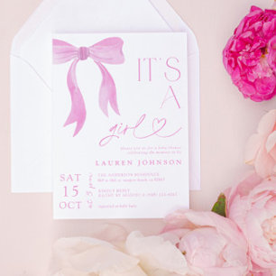 Moderne Roze Strik Meisje Baby Shower Kaart