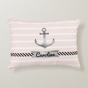 Moderne roze stripes grijs anker gepersonaliseerd accent kussen