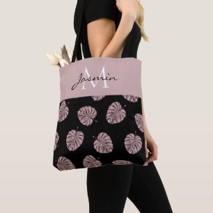 Moderne Roze Tropische Blad Monogram Draagtas