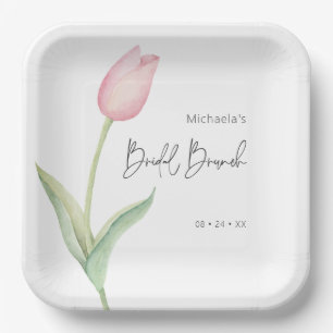 Moderne Roze Tulp Solo Bruids Brunch Luncheon Papieren Bordje