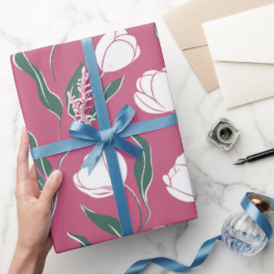 Moderne Roze Tulp Witte Bloemmotief Cadeaupapier