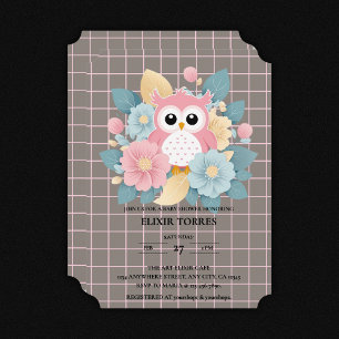 Moderne Roze Uil Bloemen & Raster Baby shower Kaart