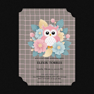 Moderne Roze Uil Bloemen & Raster Baby shower Kaart