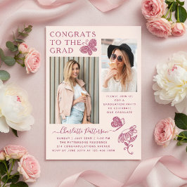 Moderne roze vlinder foto afstudeerfeest acryl uitnodigingen