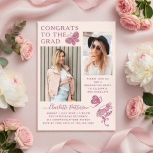 Moderne Roze Vlinder Foto Afstudeerfeest Acryl Uitnodigingen