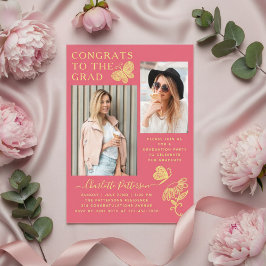 Moderne roze vlinder foto afstudeerfeest acryl uitnodigingen