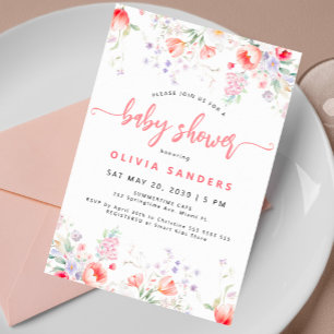 Moderne roze waterverf bloemenmeisje babyshower kaart