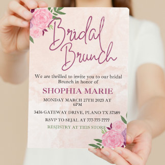 Moderne Roze Waterverf Bloemige Bruidsbrunch  Kaart