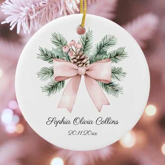 Moderne Roze Waterverf Bow Script Baby Girl Naam Keramisch Ornament