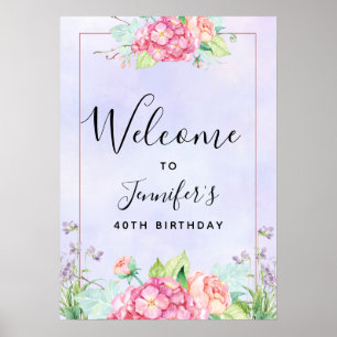 Moderne roze Waterverf Floral Lijst Birthday Poster