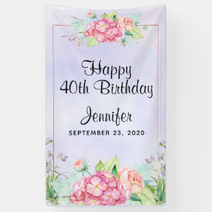 Moderne roze Waterverf Floral Lijst Birthday Spandoek