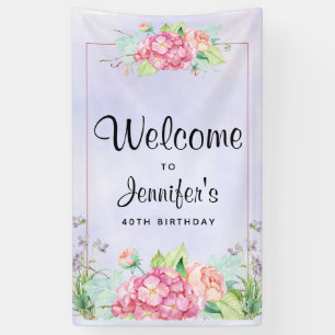 Moderne roze Waterverf Floral Lijst Birthday Spandoek