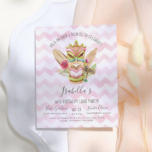 Moderne roze Waterverf Floral Tiki Luau Partij Uitnodiging Briefkaart
